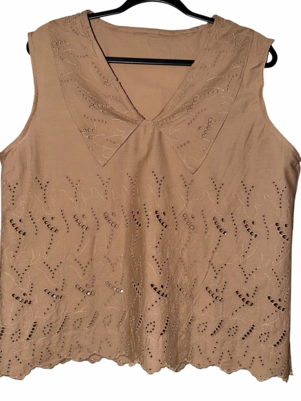 Handmade Sleeveless Eyelet V-Neck Top in Taupe Oversized Collar Size S/M